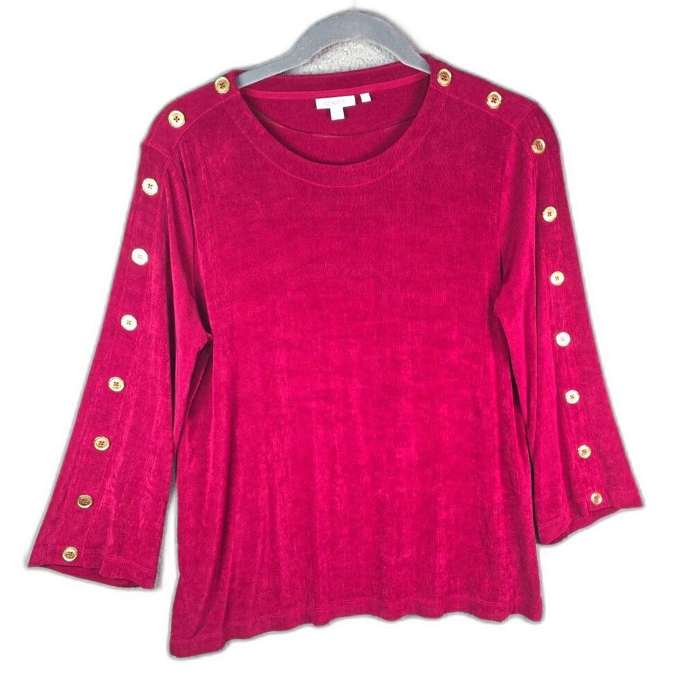 Chicos Raspberry Tunic Top XL Gold Button Sleeve Flared Hem Stretch Knit